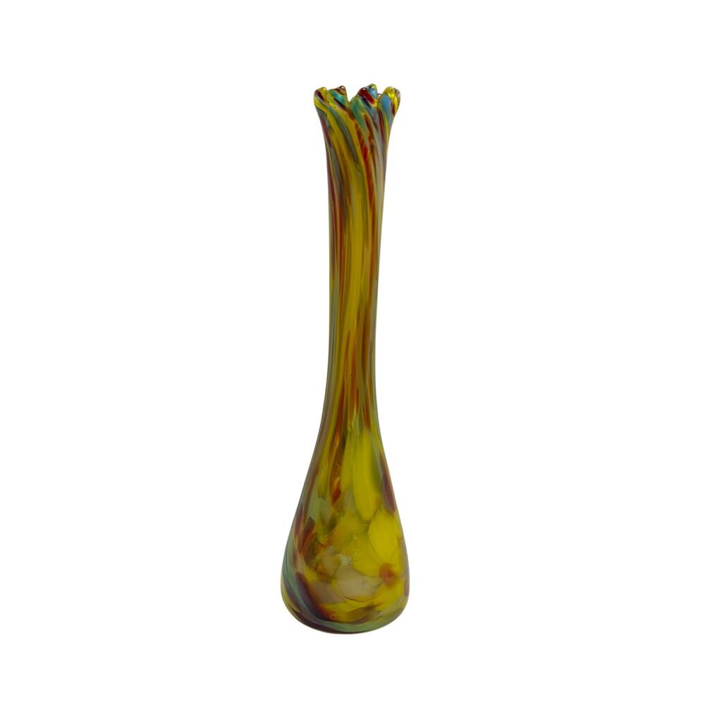VTG Japanese glass vase, swirl pattern ruffle flare top, hand blown. 10.5in ht
